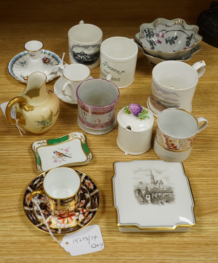 A small Royal Worcester ewer decorated with roses on a blush ground, Royal Crown Derby Imari coffee cans and saucers, etc. largest 12cm wide (Qty). Condition - varies